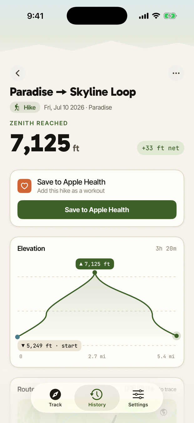A recorded hike in Zenith with a Save to Apple Health card