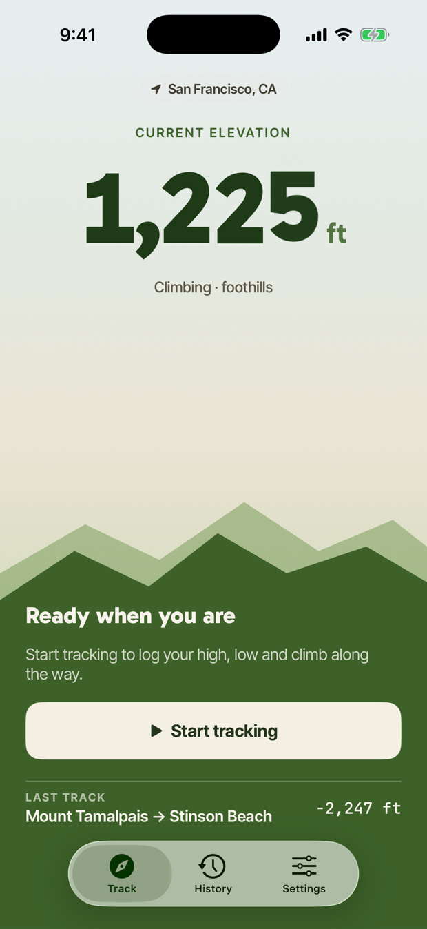 Zenith Home screen showing current elevation 1,201 ft over a moss-green mountain scene