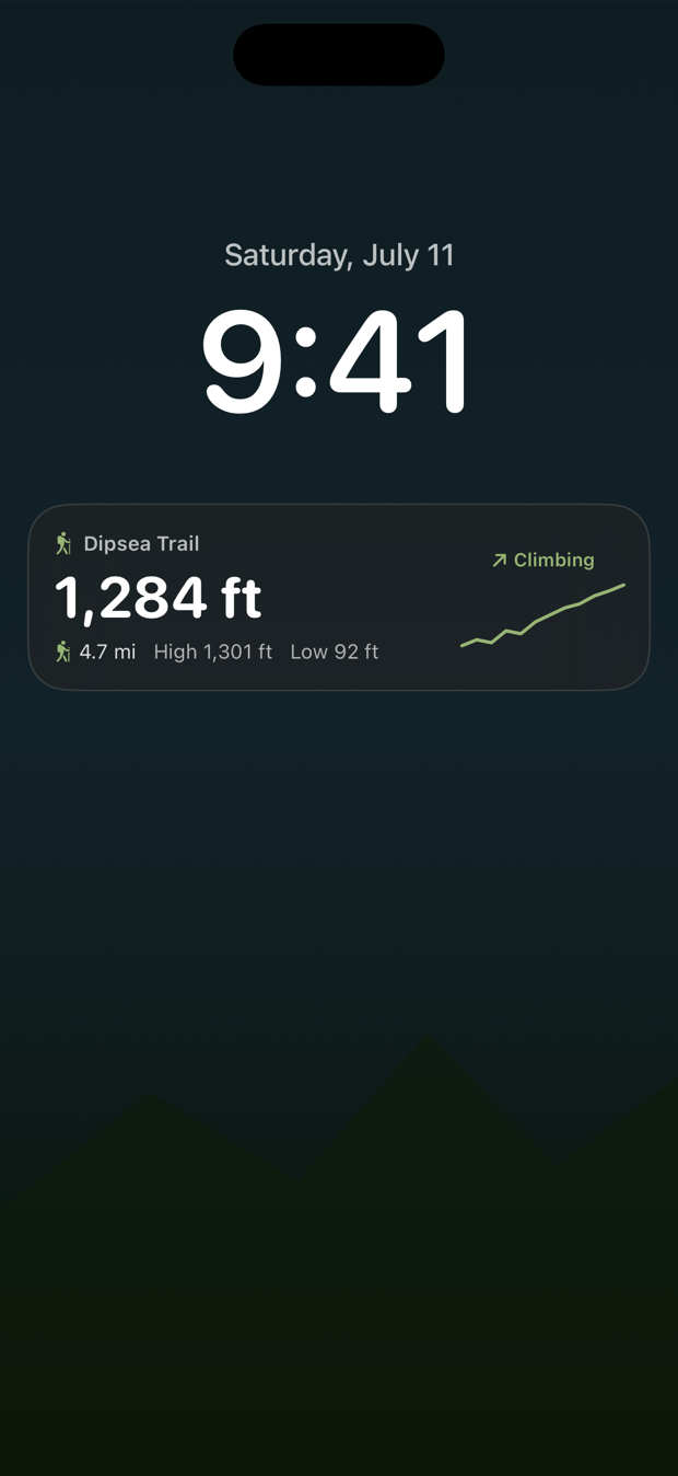 Zenith's Live Activity on the iPhone Lock Screen: Dipsea Trail, 1,284 ft, Climbing