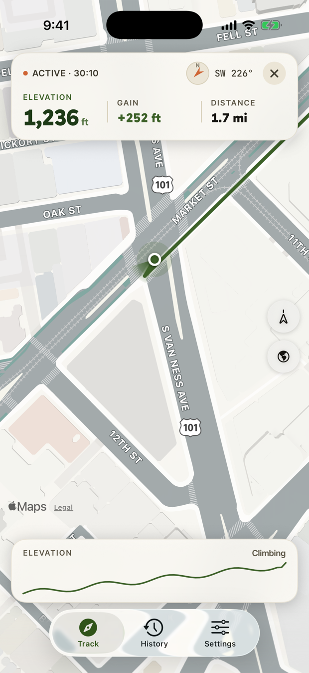 Zenith's live map during a track: the route so far drawn in green, a heading puck at the current position, and a compass reading SW 226°